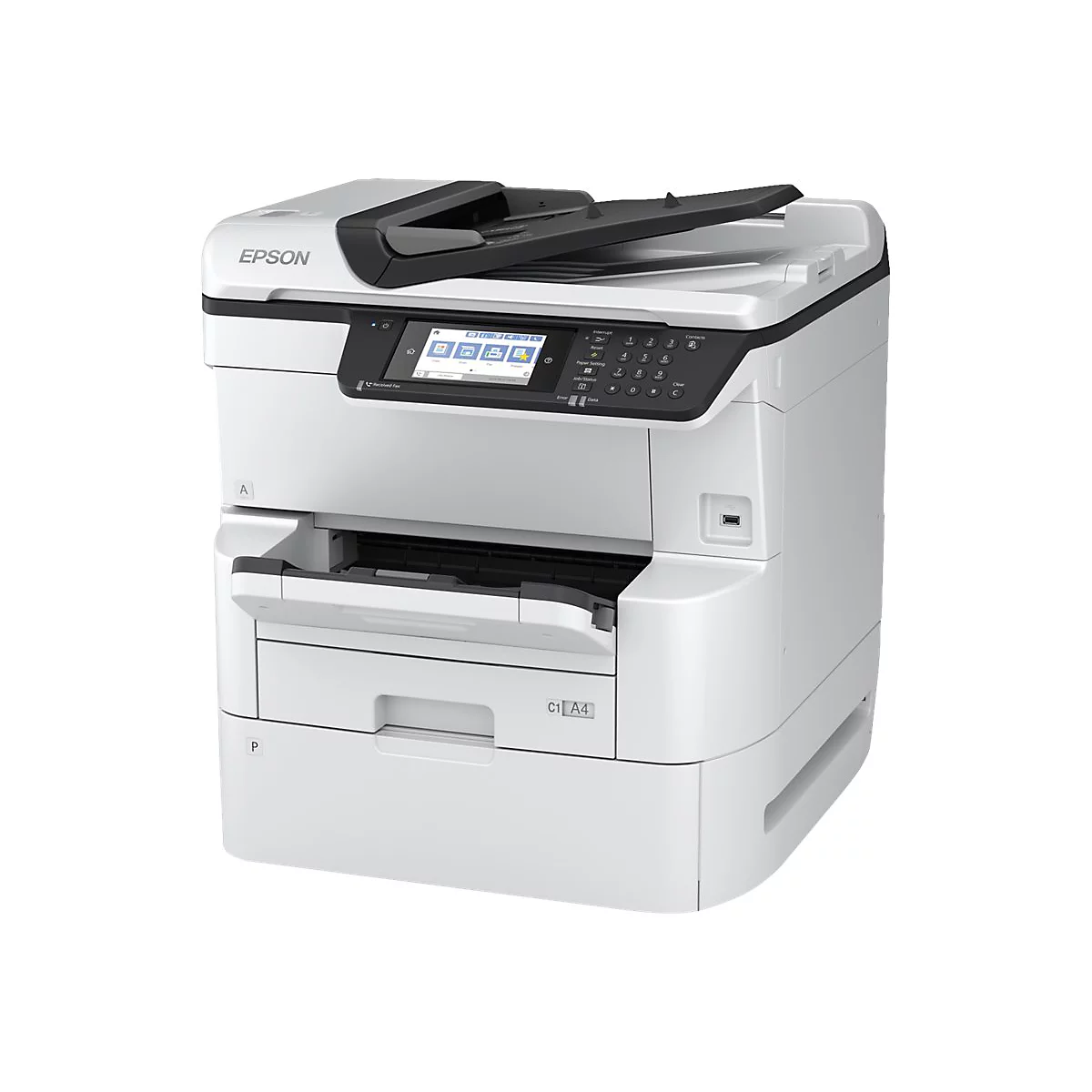 Weißer Epson Multifunktionsdrucker mit Touchscreen-Bedienfeld vor weißem Hintergrund.