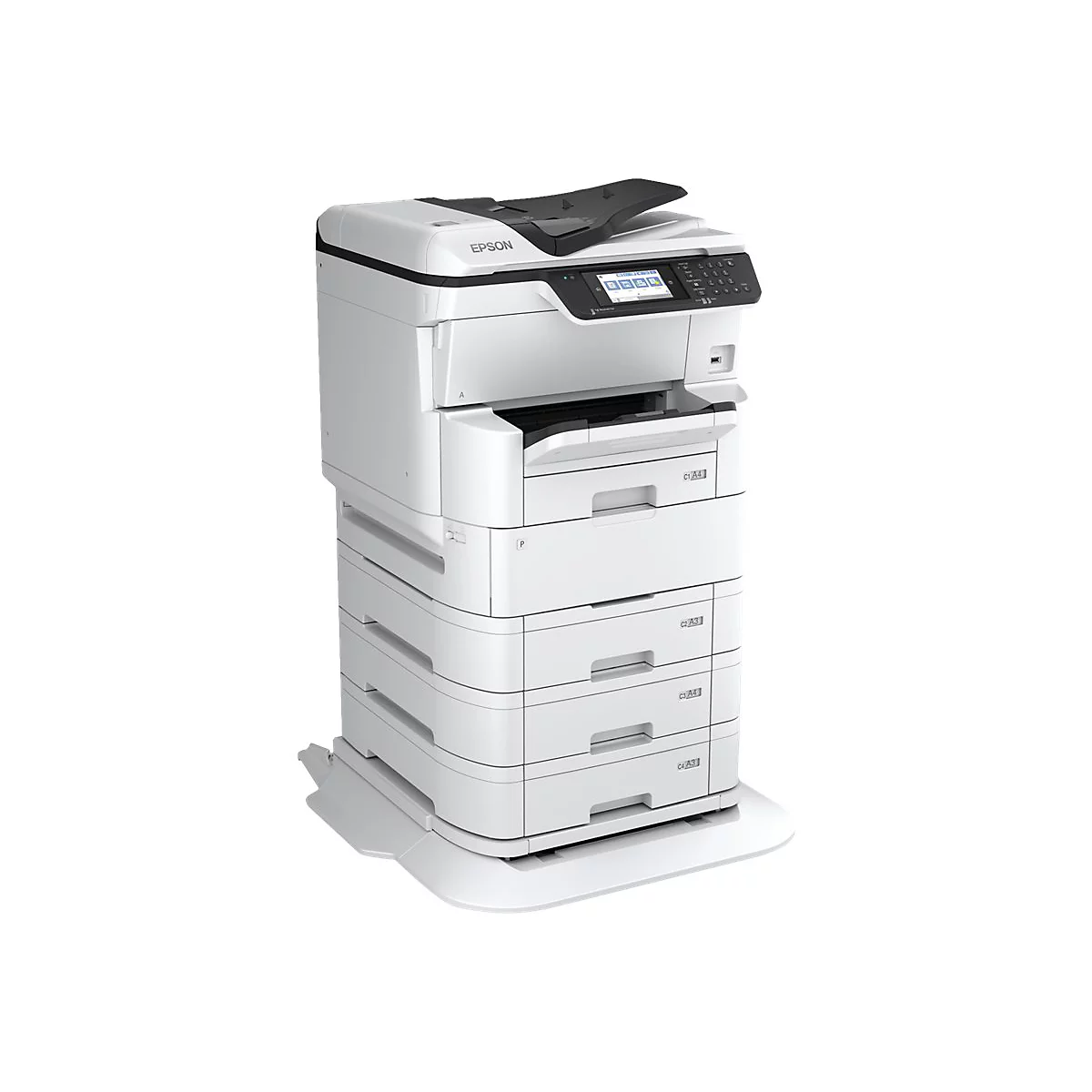 Weißer Epson Multifunktionsdrucker mit mehreren Papierfächern vor neutralem Hintergrund.