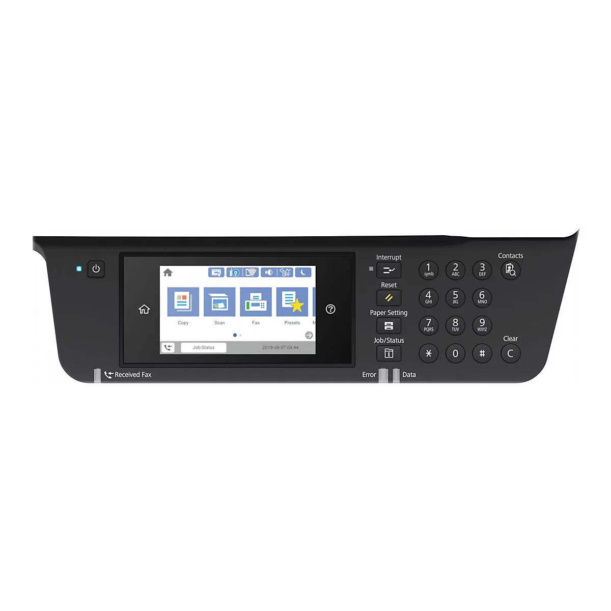 Bedienfeld eines Multifunktionsdruckers mit Touchscreen-Display und physischem Ziffernblock.