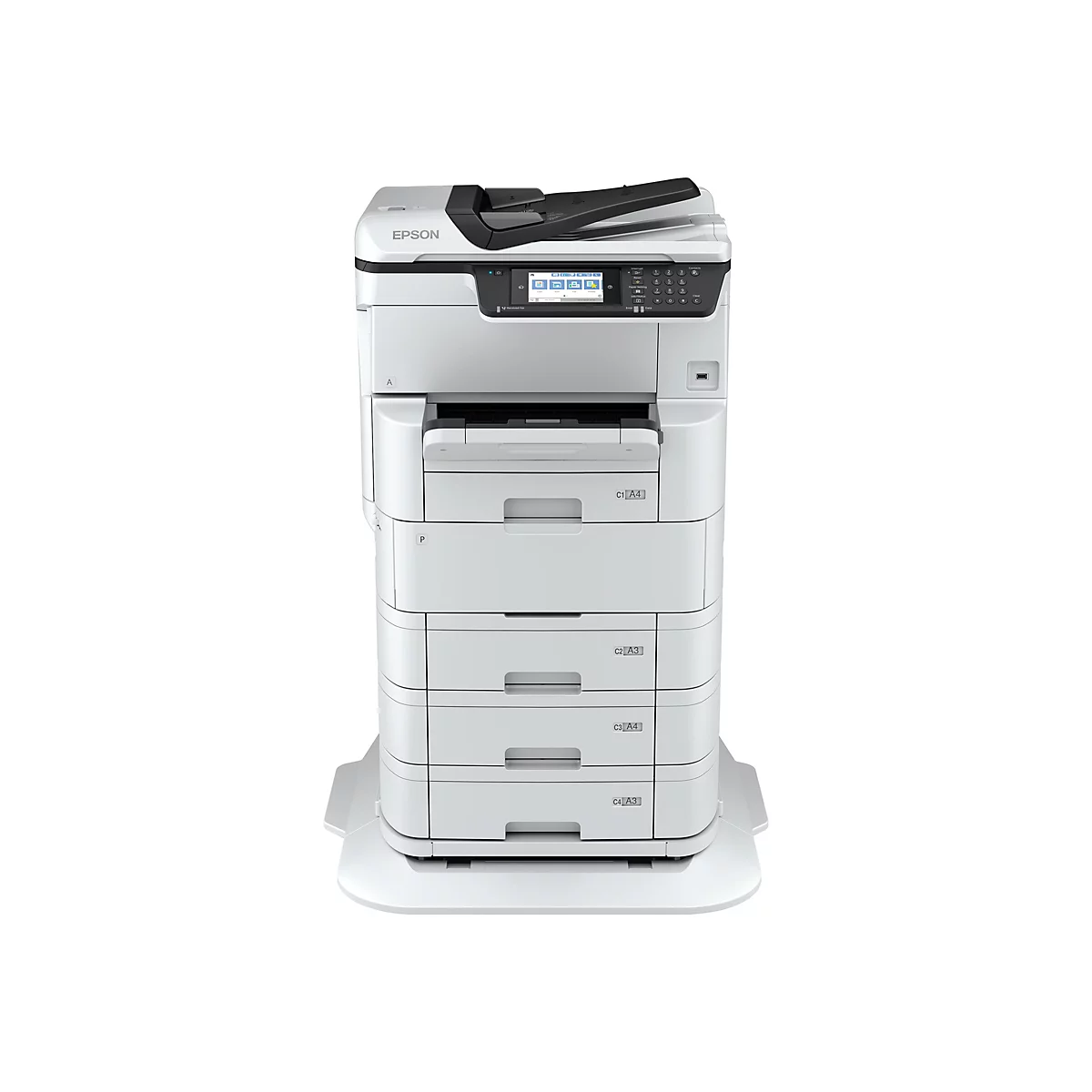 Weißer Epson Multifunktionsdrucker mit mehreren Papierfächern vor weißem Hintergrund.