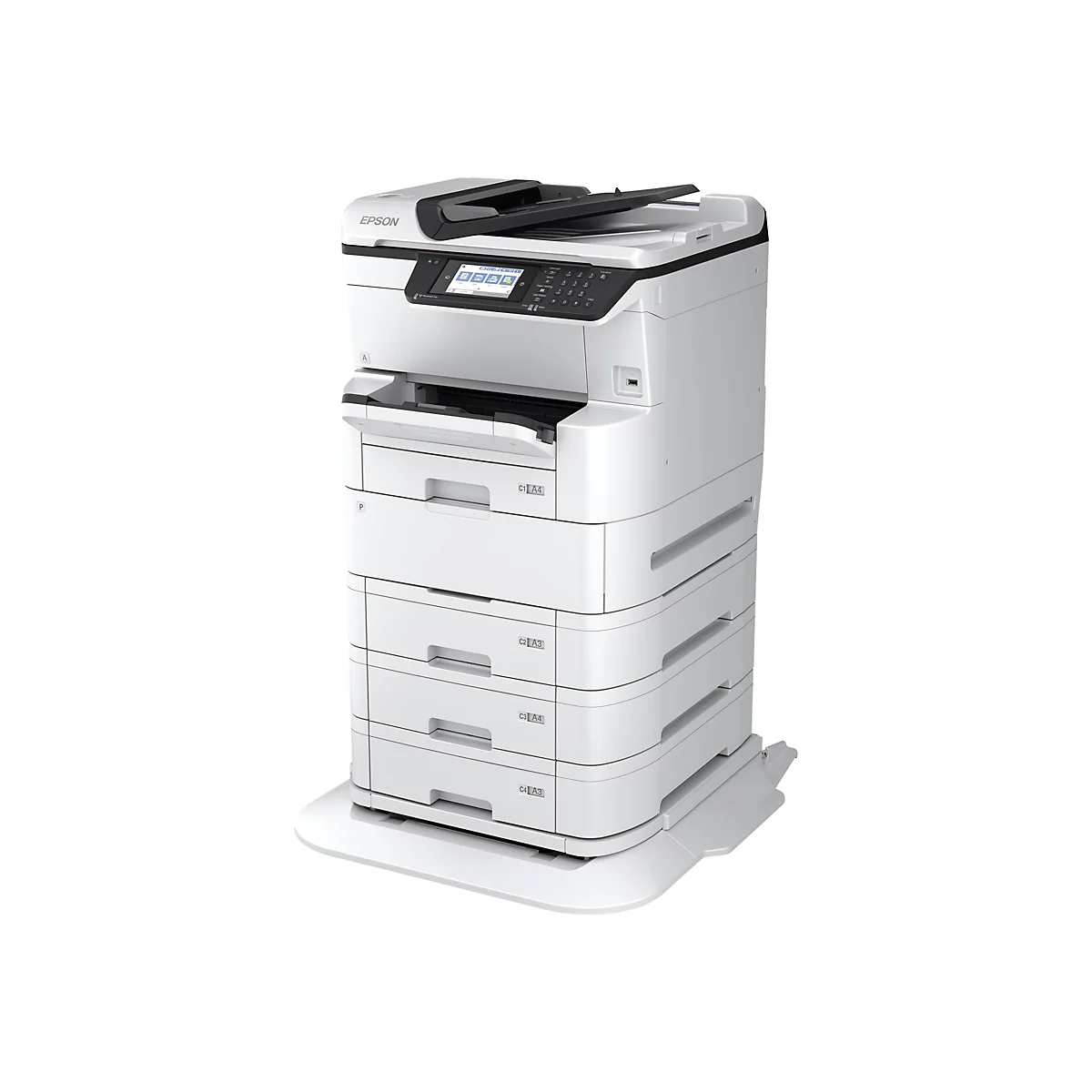 Großer weißer Epson-Multifunktionsdrucker mit mehreren Papierkassetten und Touchscreen-Display vor weißem Hintergrund.