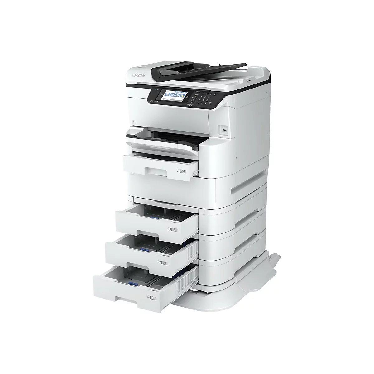 Weißer Epson Multifunktionsdrucker mit mehreren offenen Papierkassetten vor neutralem Hintergrund.