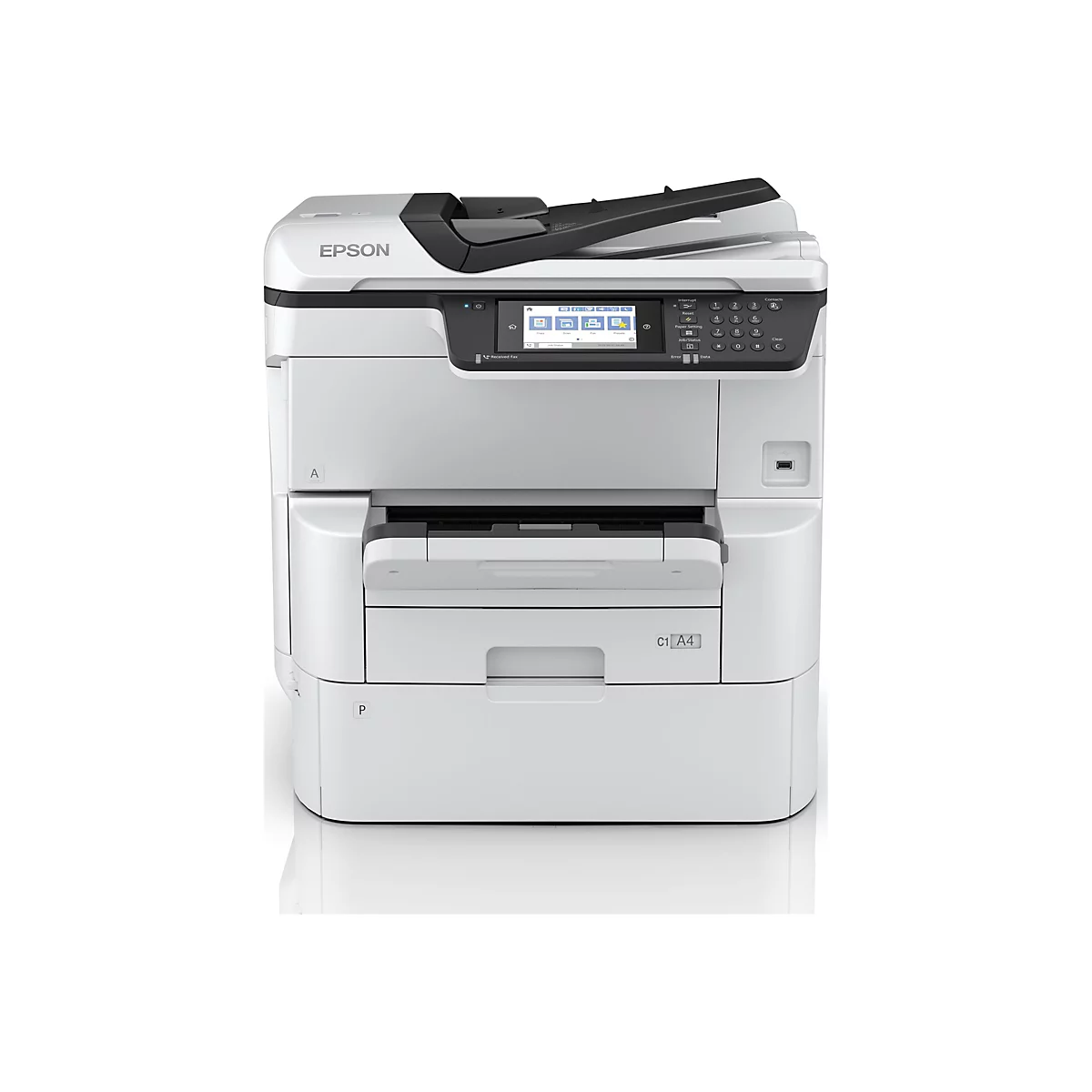 Weißer Epson Multifunktionsdrucker vor neutralem Hintergrund.