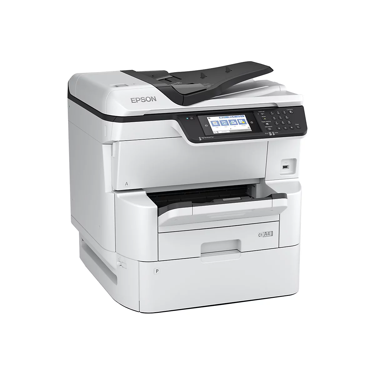 Weißer Epson Multifunktionsdrucker vor neutralem Hintergrund mit Touchscreen und Tastenfeld.