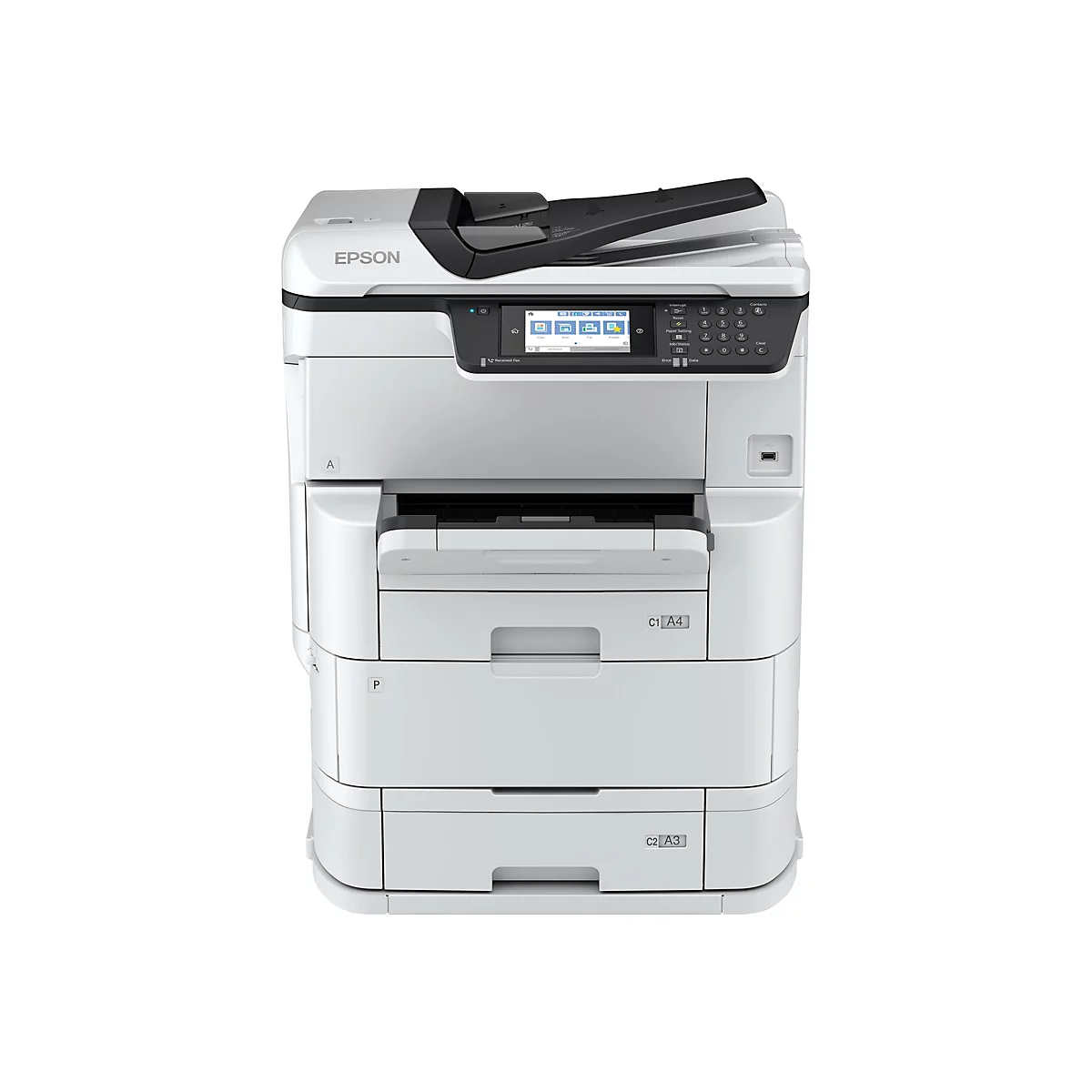 Weißer Epson Multifunktionsdrucker vor neutralem Hintergrund mit Touchscreen-Display und Papierfächern.