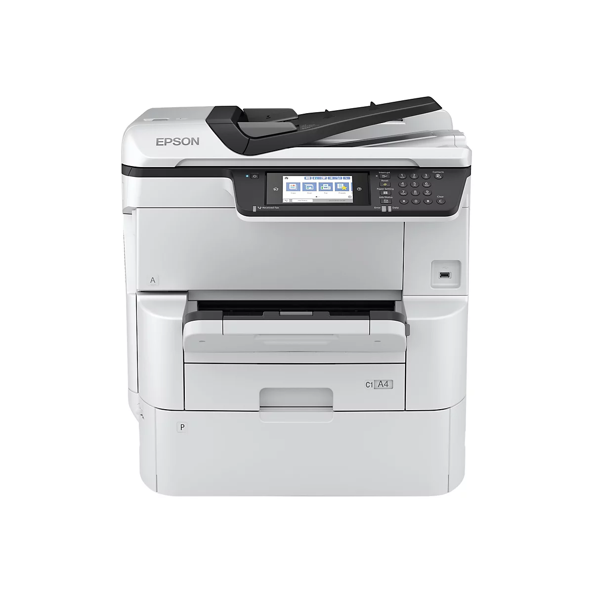 Ein weißer Epson Multifunktionsdrucker vor weißem Hintergrund mit Touchscreen und Tastenfeld.