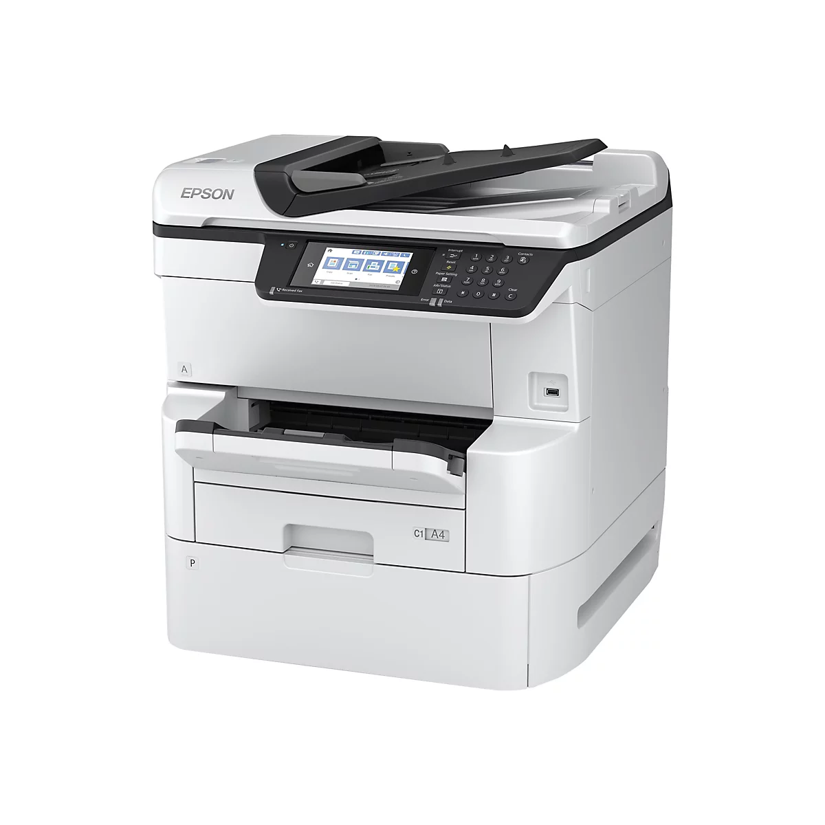 Weißer Epson Multifunktionsdrucker mit Touchscreen-Bedienfeld auf weißem Hintergrund.