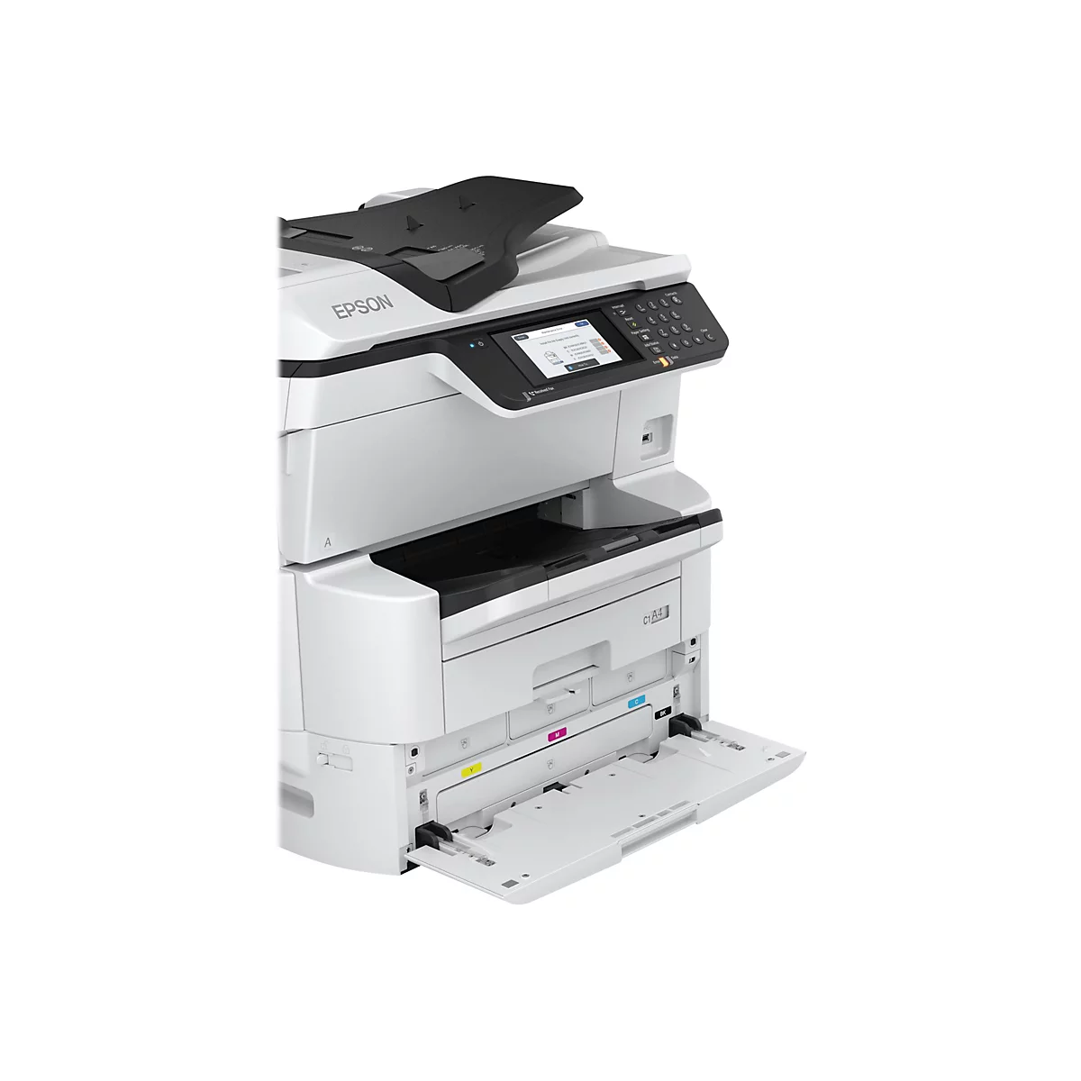 Weißer Epson Multifunktionsdrucker mit geöffnetem Tintenfach und Display.