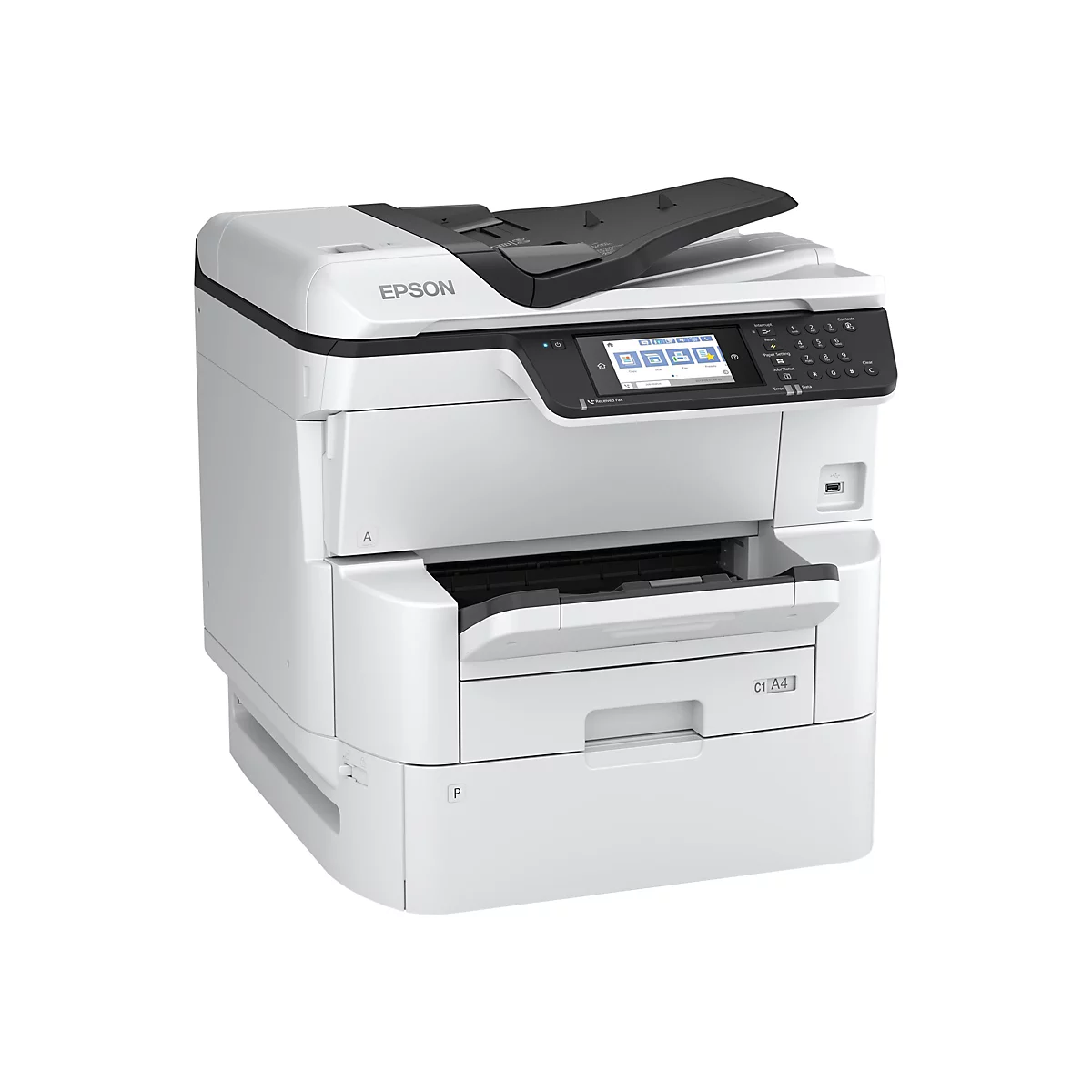 Ein weißer Epson Multifunktionsdrucker mit Bedienfeld und Display vor weißem Hintergrund.