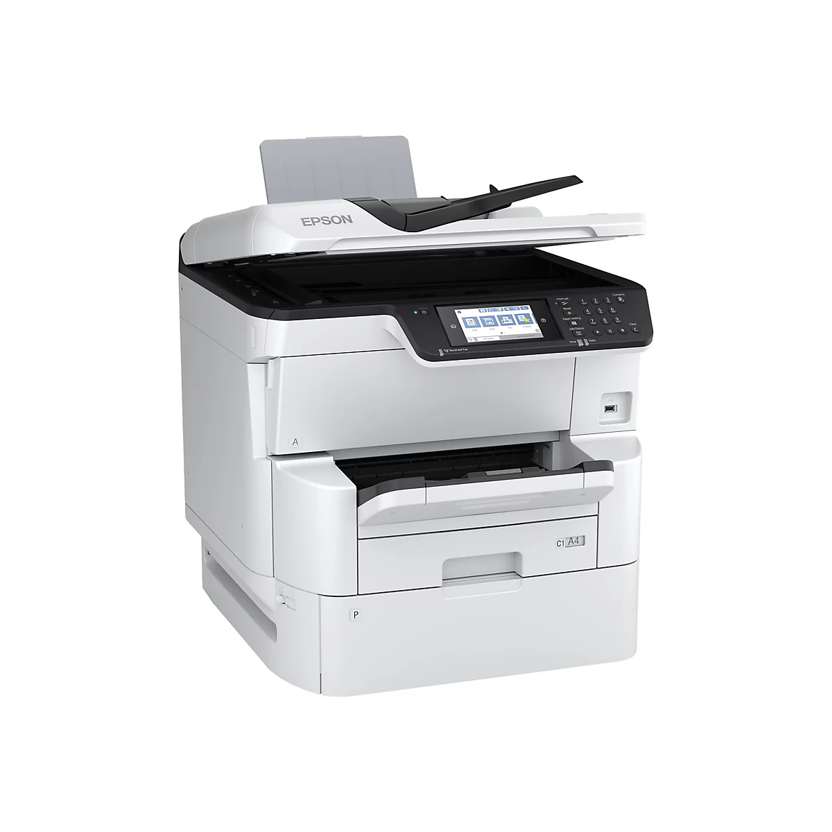 Weißer Epson Multifunktionsdrucker mit Touchscreen-Display und Papierfächern vor weißem Hintergrund.