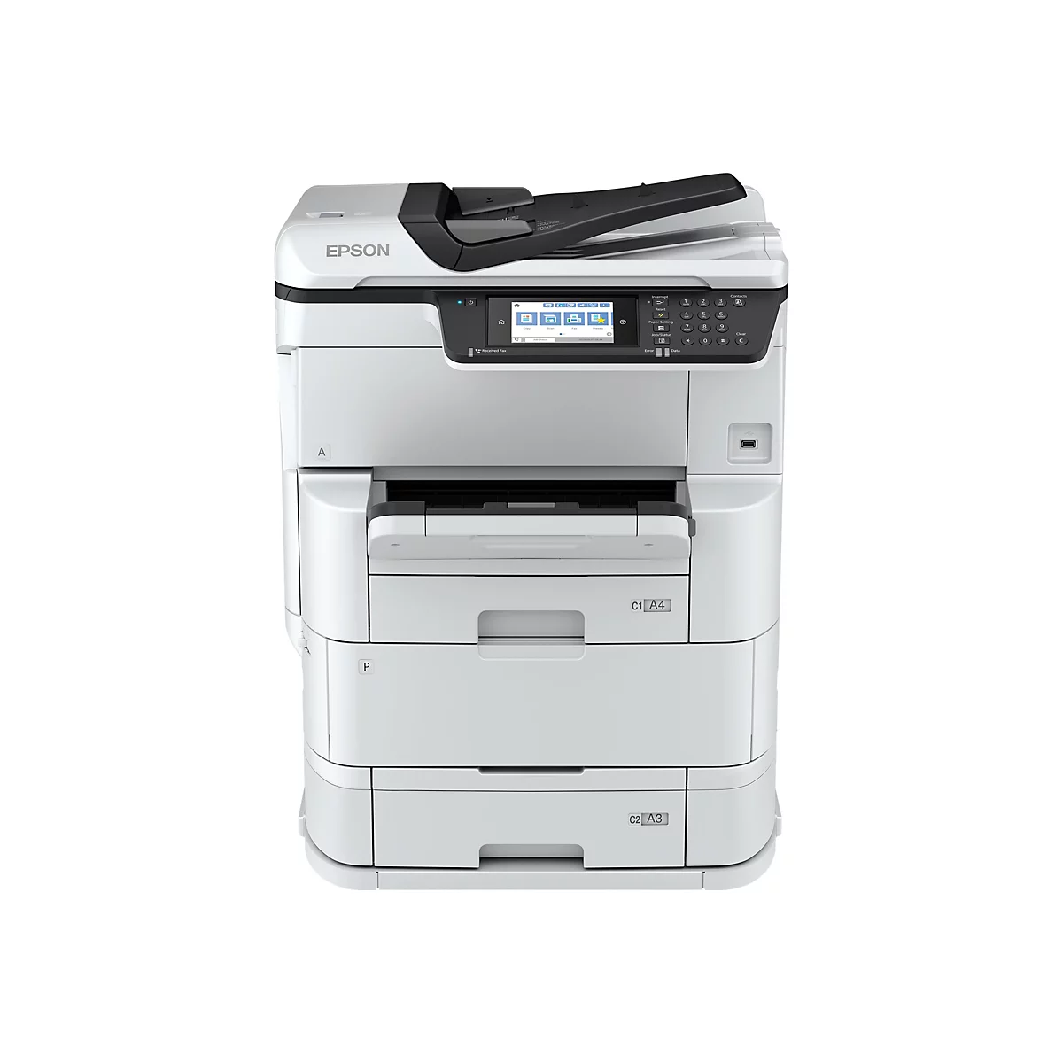 Ein weißer Epson Multifunktionsdrucker mit Bedienfeld und drei Papierfächern vor weißem Hintergrund.