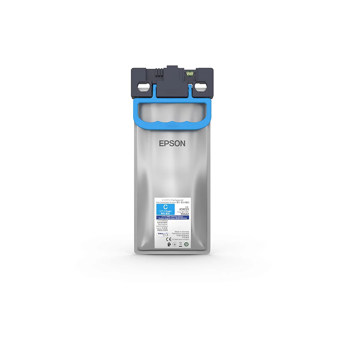 Epson Tintenpackung in Blau, Cyan, mit Griff. Aufschrift: Epson, C und Produktbezeichnungen.