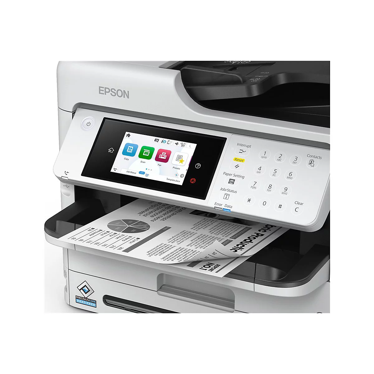 Nahaufnahme eines Epson Druckers mit Touchscreen-Display und gedrucktem Dokument im Ausgabefach.