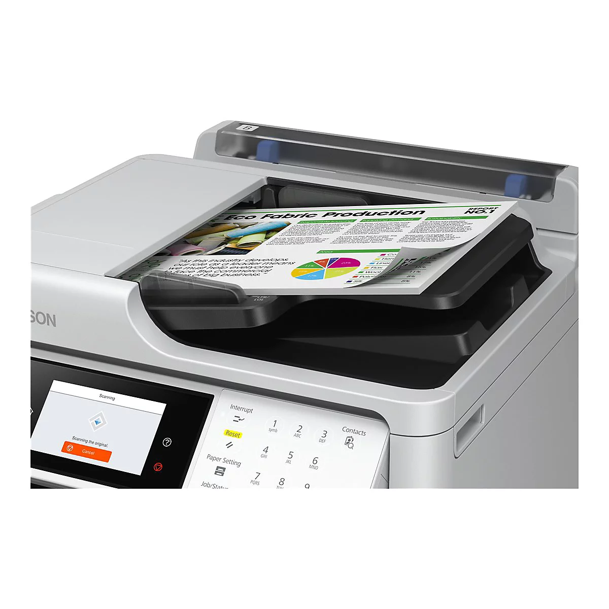Nahaufnahme eines Epson-Druckers mit einem bedruckten Bericht im Einzug und aktivem Touchscreen-Display.