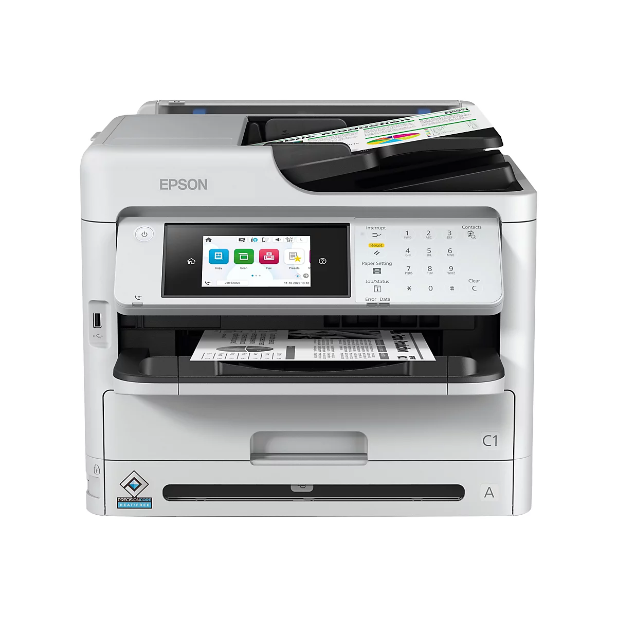 Ein weißer Epson Multifunktionsdrucker vor neutralem Hintergrund mit Touchscreen-Display und Papierfach.