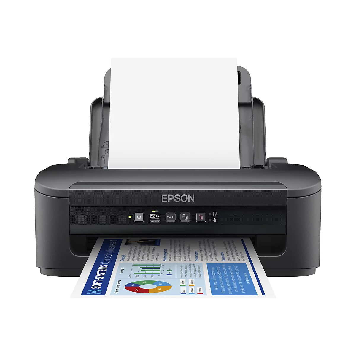 Ein schwarzer Epson-Drucker mit einem Blatt Papier, das herausgedruckt wird. Auf dem Papier sind Grafiken und Text abgebildet. Auf der Oberseite des Druckers sind Wi-Fi- und Stromsymbole zu sehen.