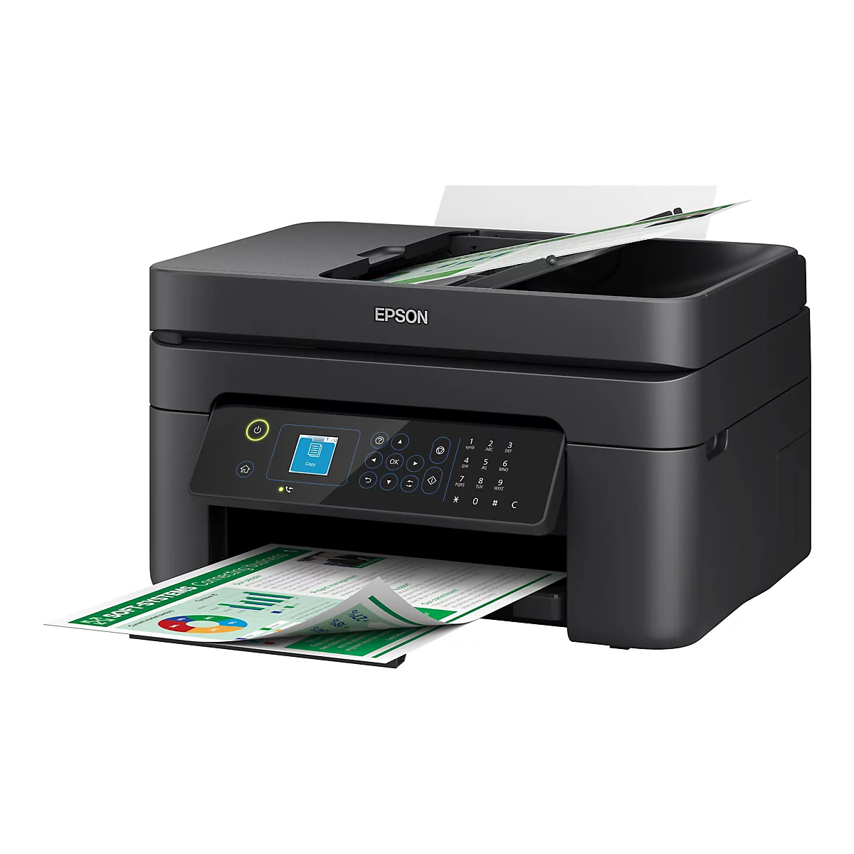 Imprimante multifonction Epson noire imprimant un graphique. Le panneau de commande est Ã  gauche, montrant un rectangle bleu. L'imprimante repose sur un fond blanc.
