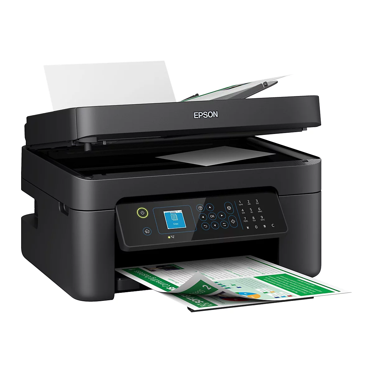 Imprimante noire avec couvercle ouvert, sortie papier et panneau de commande. Le logo Epson est visible.
