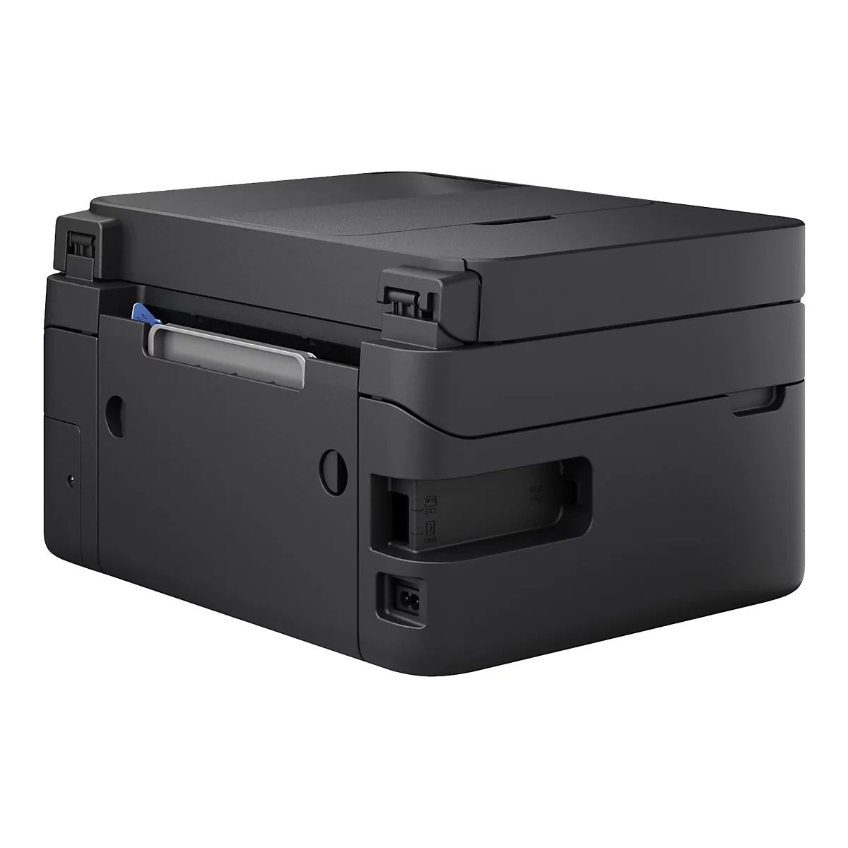 Schwarzer Drucker mit grauer Leiste und blauen Elementen. Detailansicht.