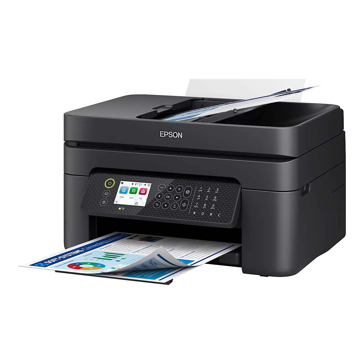 Schwarzer Epson-Multifunktionsdrucker, der Papier ausgibt. Oben liegt ein Blatt Papier im Fach.
