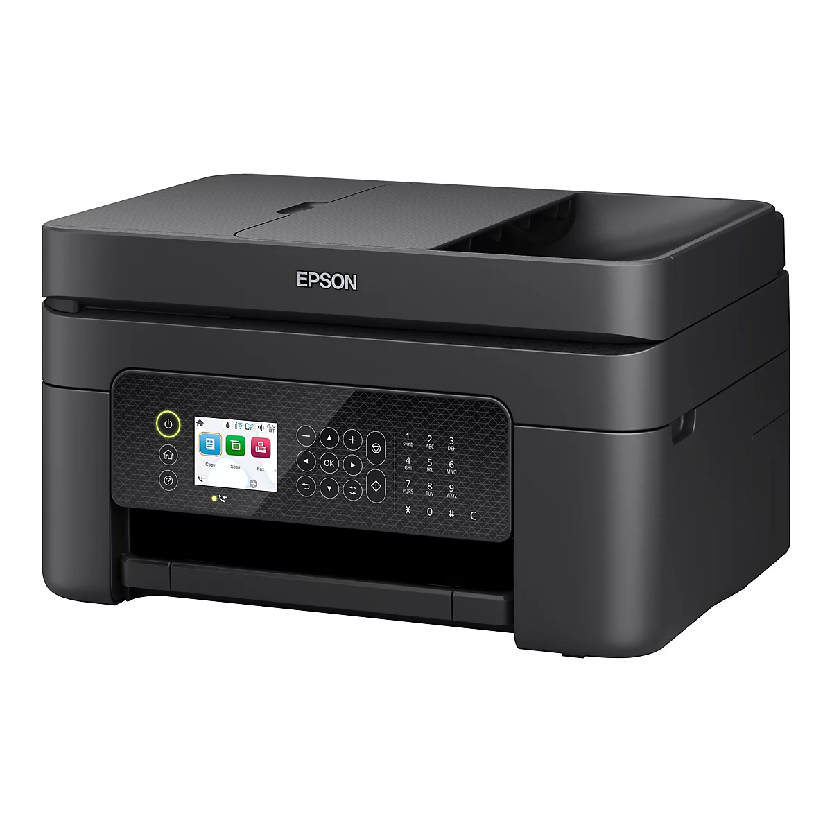 Schwarzer Epson Multifunktionsdrucker mit Touchscreen und Bedienfeld.
