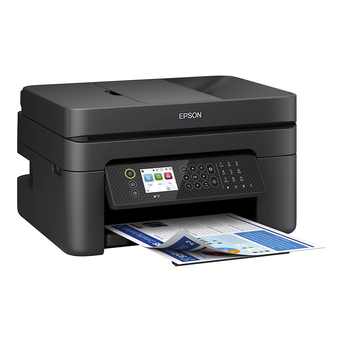 Schwarzer Epson-Multifunktionsdrucker, der ein bedrucktes Blatt auswirft. Auf der Vorderseite befinden sich ein Touchscreen und eine Tastatur.
