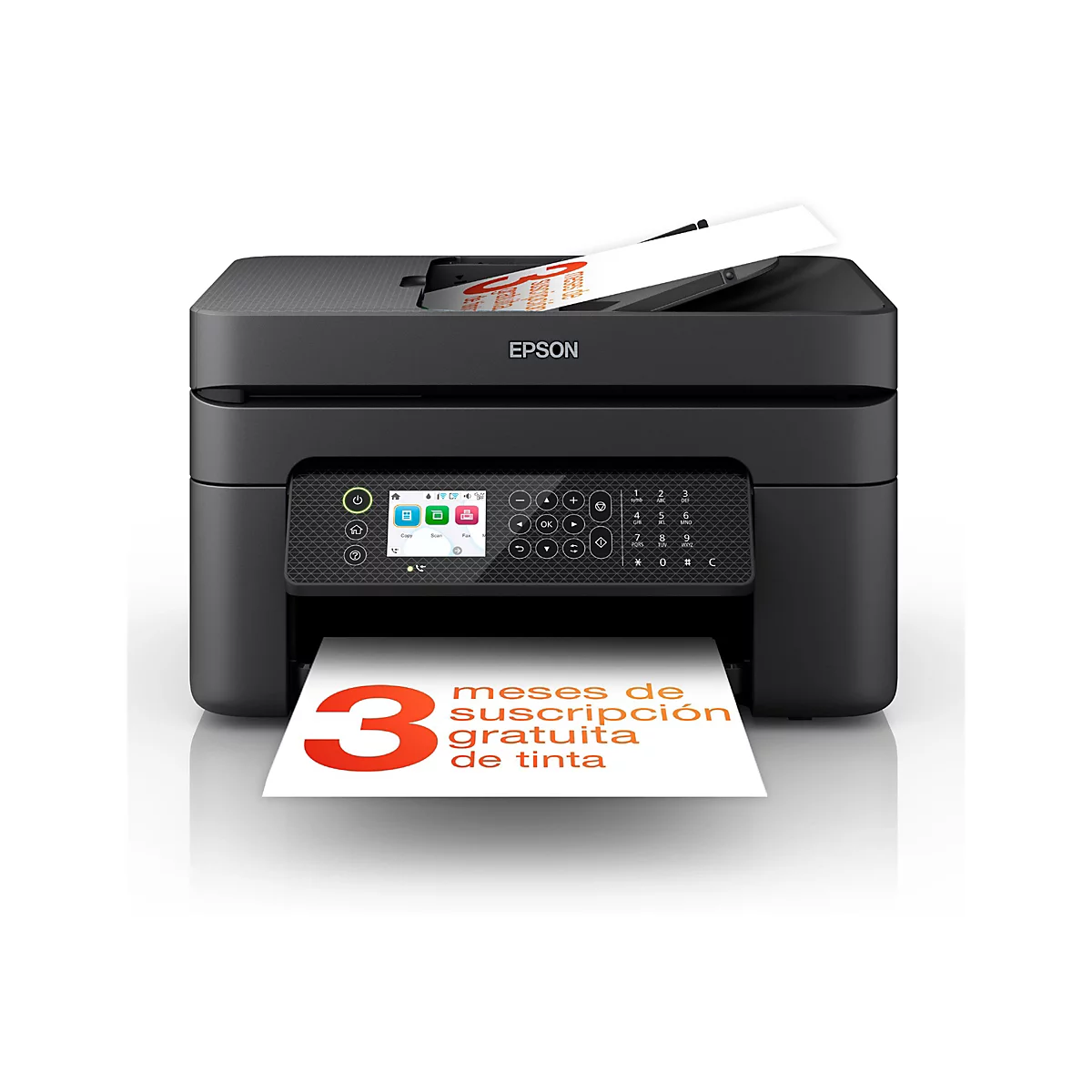 Schwarzer Epson-Multifunktionsdrucker druckt ein Blatt mit einem Angebot. Auf dem Display befinden sich Icons.