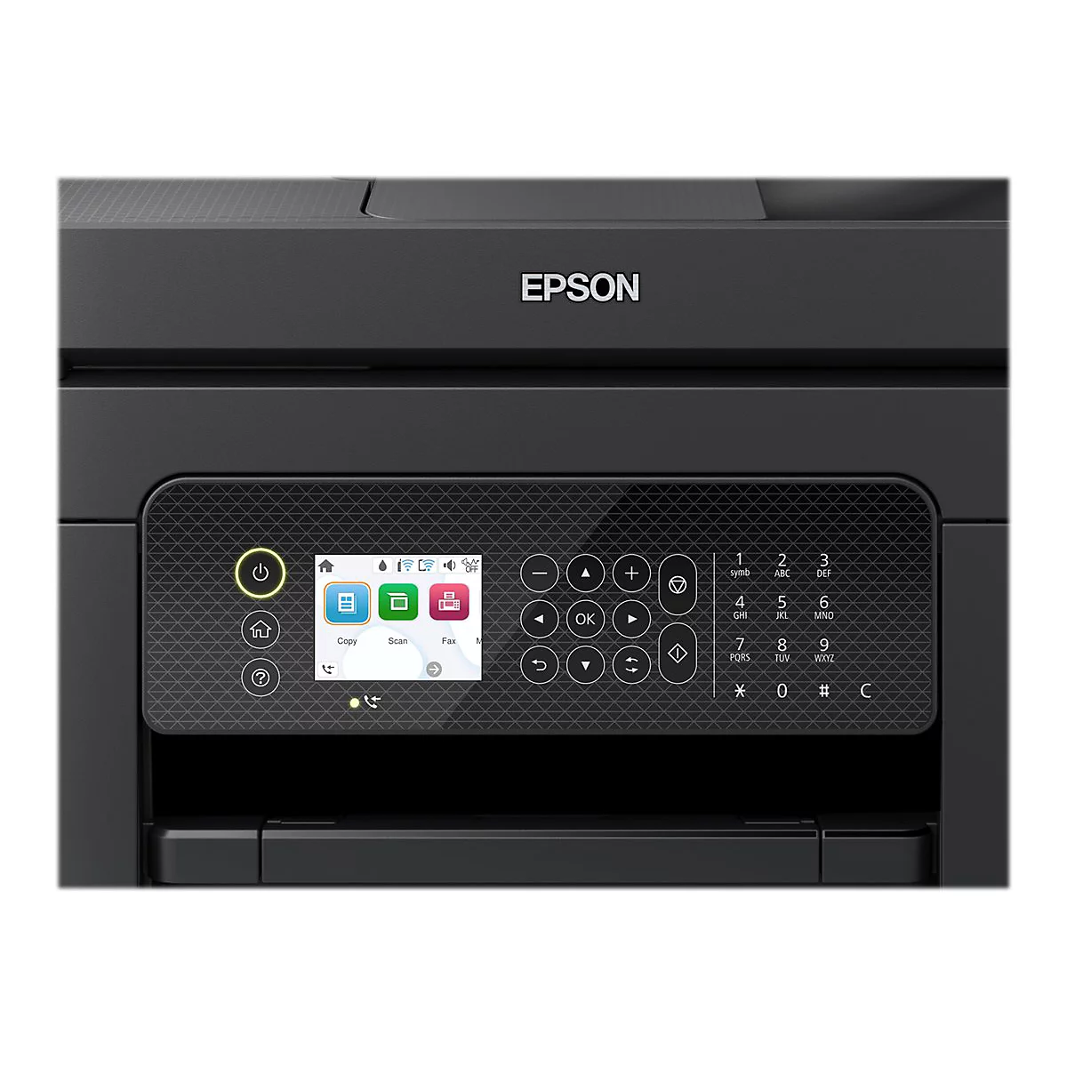Schwarzer Epson Drucker. Mit Bedienfeld, Display und Tasten. Das Epson Logo ist oben zu sehen.
