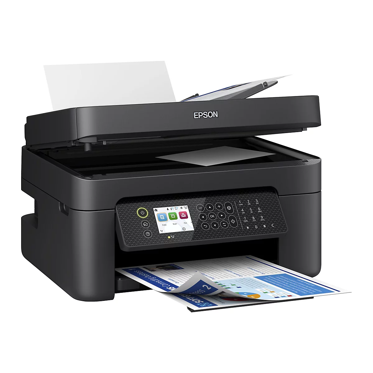 Ein schwarzer Epson-Multifunktionsdrucker mit Papierausgabe. Auf der OberflÃ¤che befindet sich ein Bedienfeld und gedrucktes Papier.