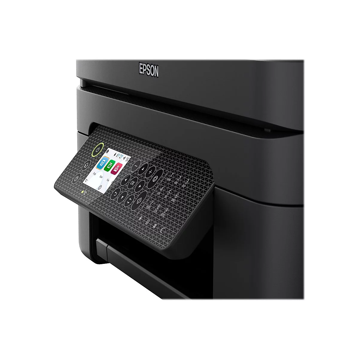 Schwarzer Epson-Multifunktionsdrucker, Detailaufnahme des Bedienfelds mit Farbdisplay und Tasten.