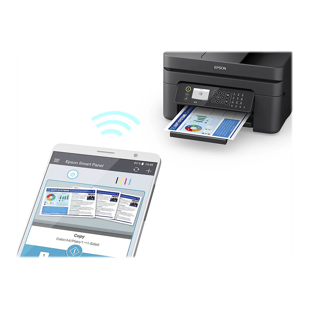 Ein schwarzer Drucker druckt ein Diagramm. Ein Smartphone zeigt die Smart Panel App und zeigt ein Wifi-Symbol.