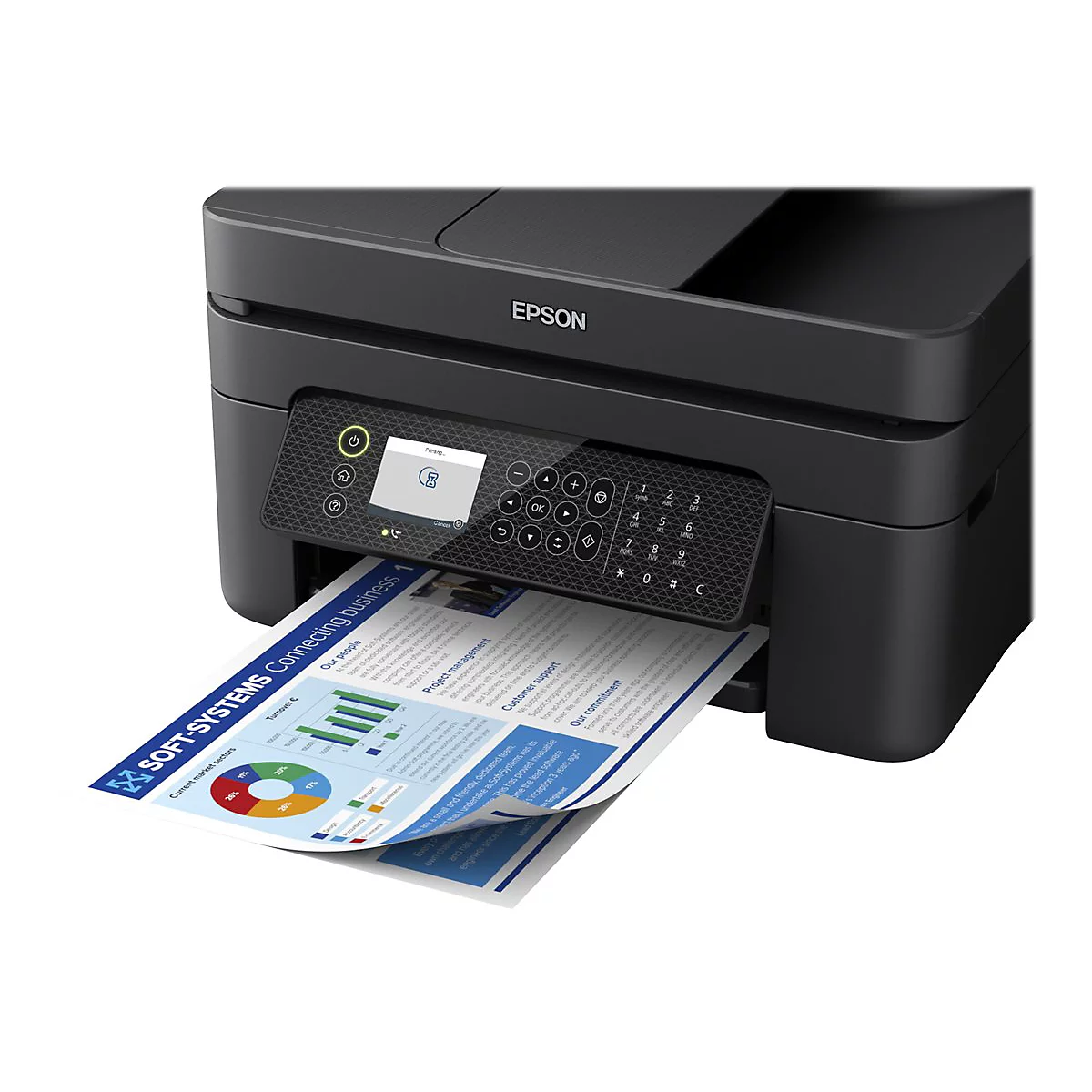 Schwarzer Drucker von Epson mit einem Blatt Papier, das aus der Papierablage kommt.