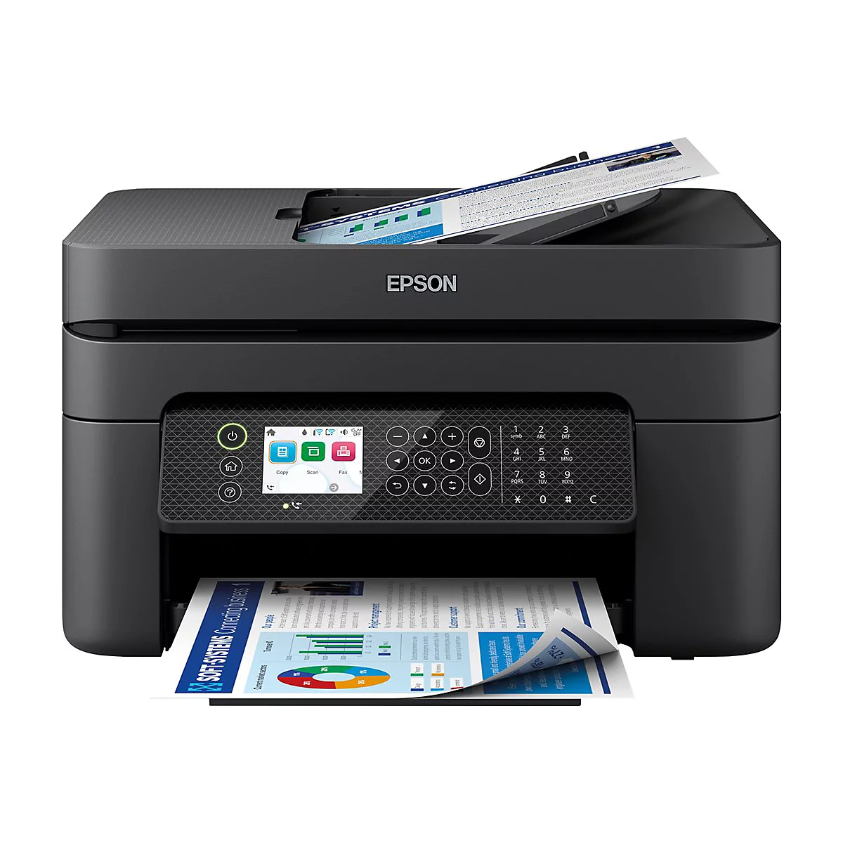 Schwarzer Drucker mit Papierausdruck; EPSON Logo oben.