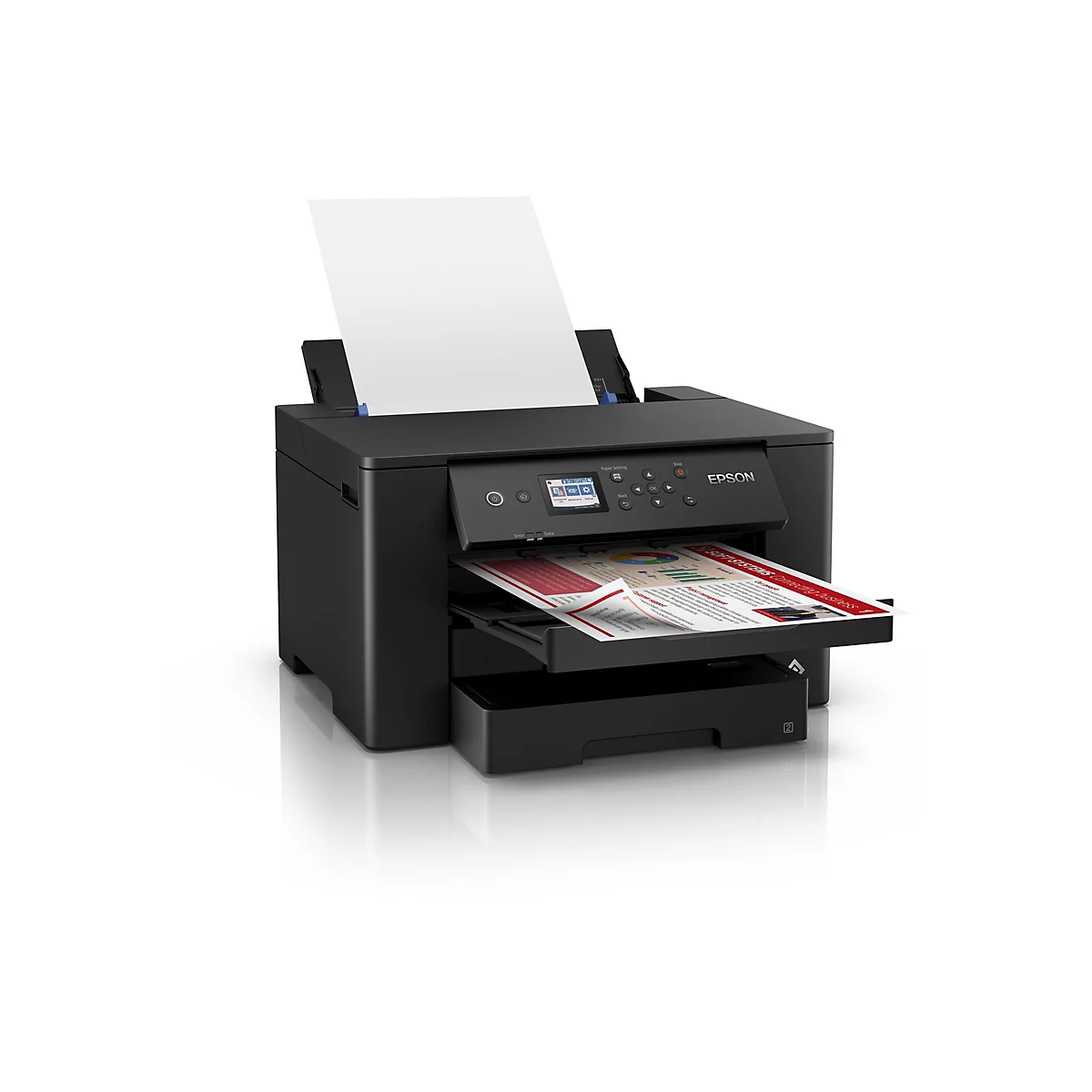 Schwarzer Drucker mit eingelegtem Papier, das einen Bericht ausgibt. Auf dem Display ist ein Menü zu sehen.