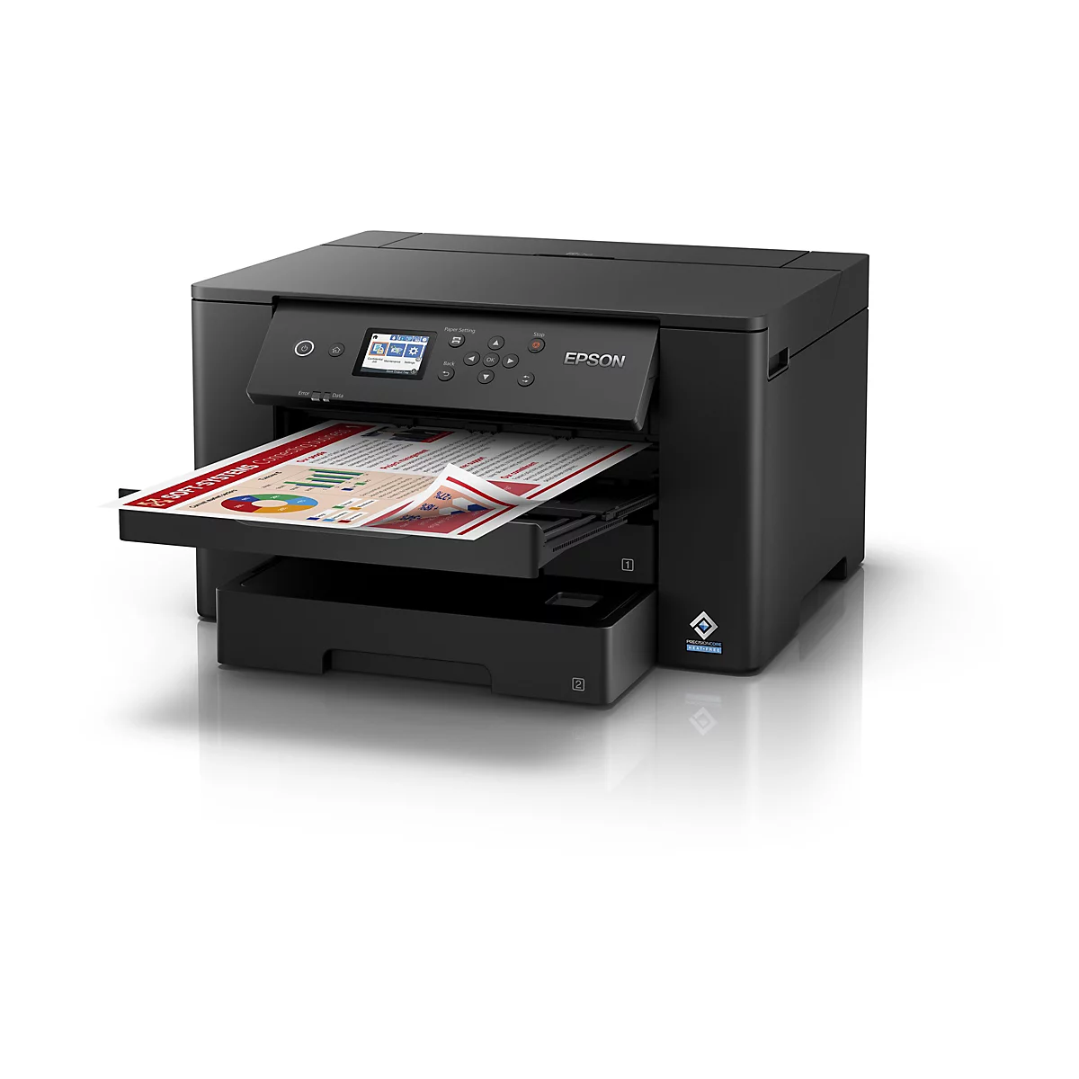 Ein schwarzer Epson-Multifunktionsdrucker druckt ein farbiges Diagramm. Auf dem Bedienfeld sind Einstellungen und Tasten zu sehen.