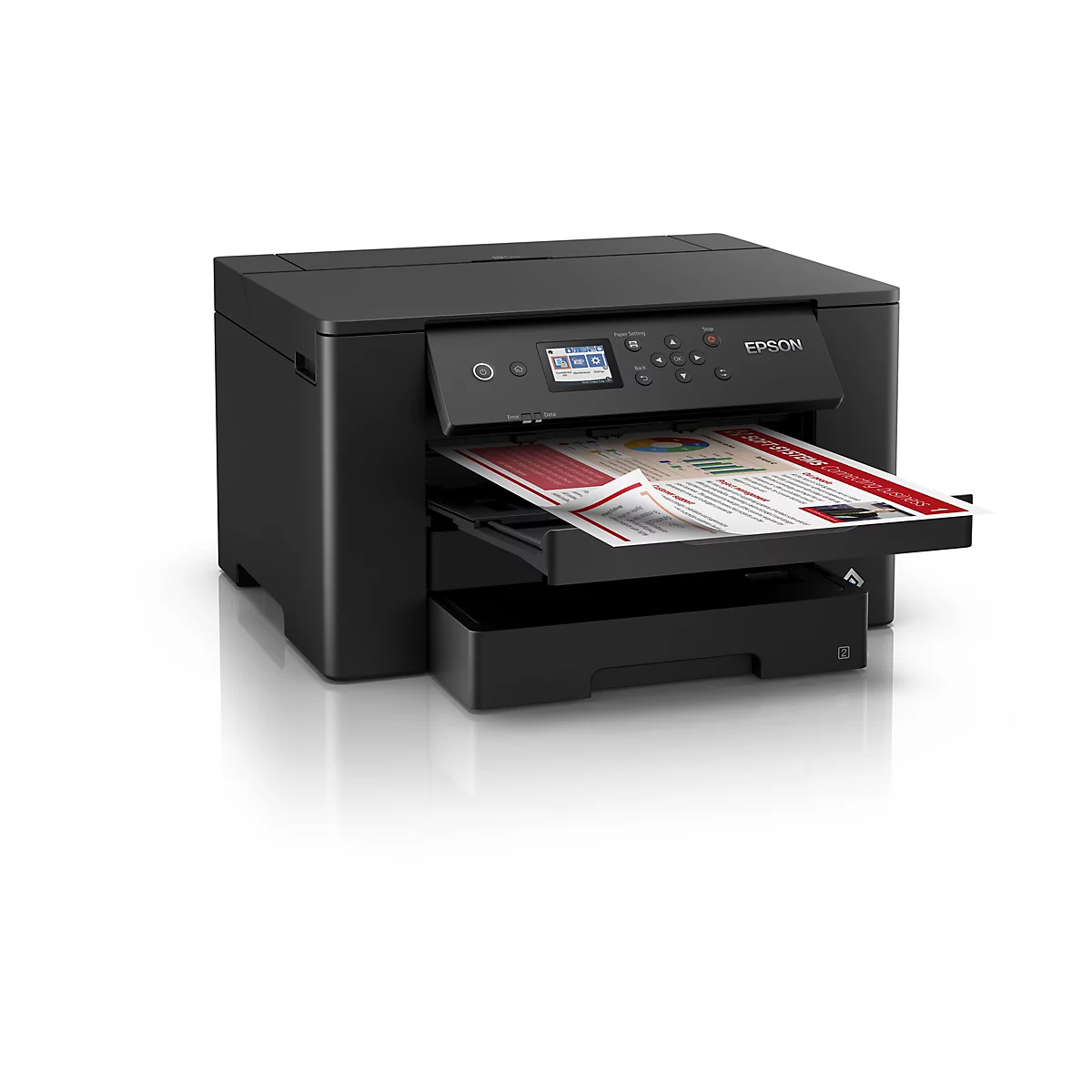 Schwarzer Drucker mit ausgedrucktem Papier. Das Epson Logo ist sichtbar.