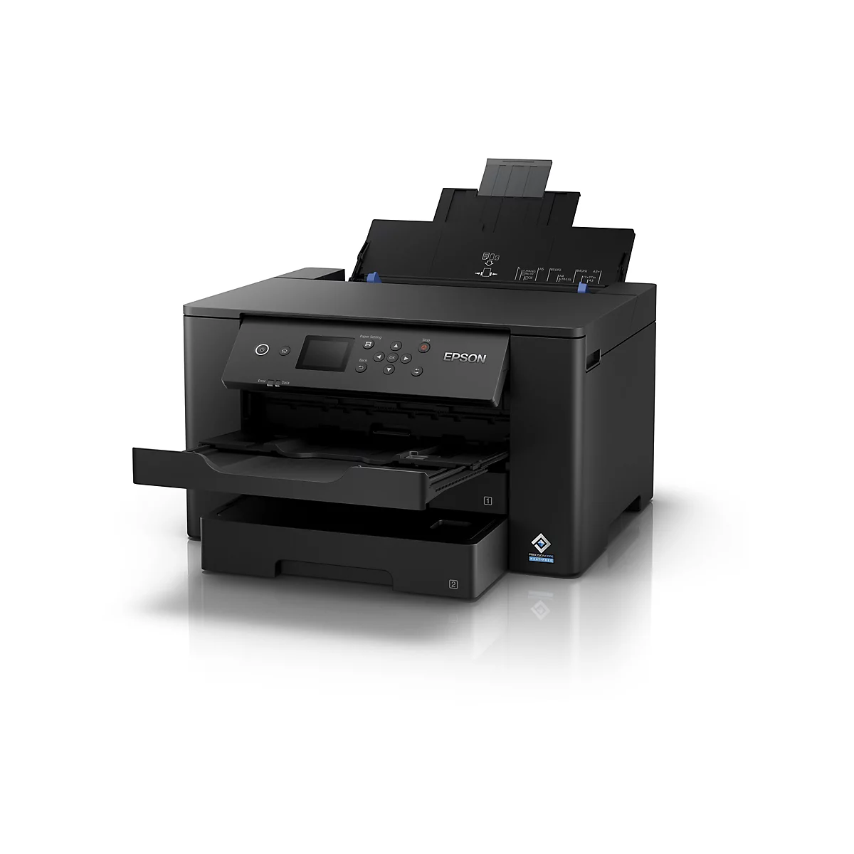 Schwarzer Epson Multifunktionsdrucker vor weißem Hintergrund mit Papierfächern und Bedienfeld.