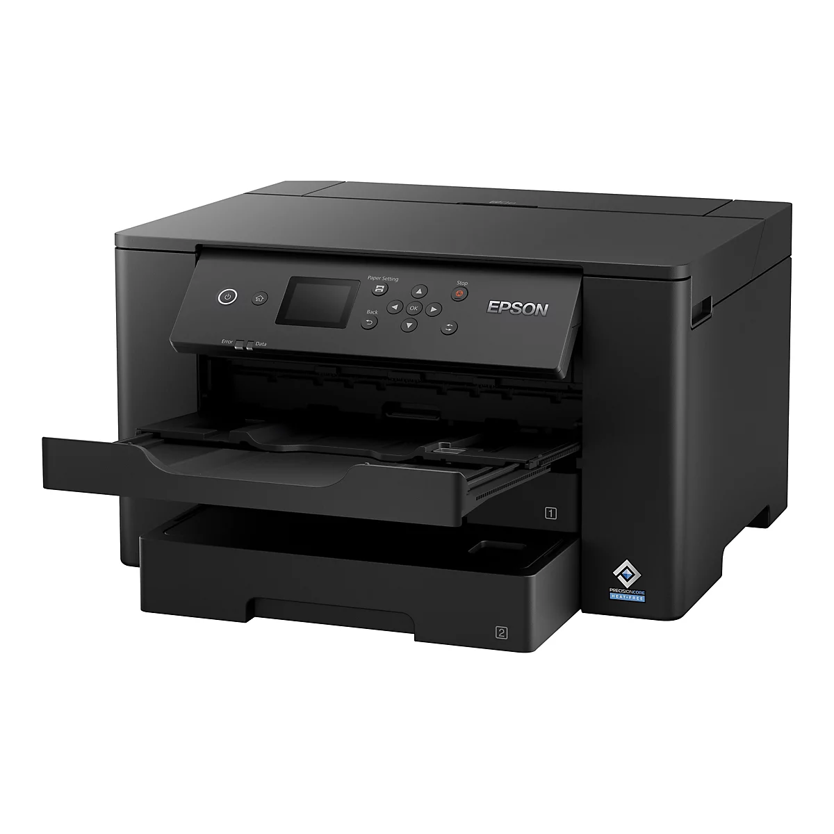 Schwarzer Epson Tintenstrahldrucker auf weißem Hintergrund mit geöffnetem Papierfach und Bedienfeld.
