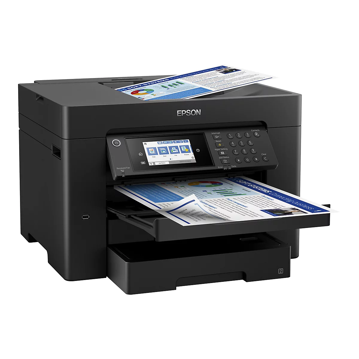 Schwarzer Drucker mit Papierausgabe. Das Epson Logo ist auf dem GerÃ¤t sichtbar. Zwei BlÃ¤tter werden gerade ausgedruckt.