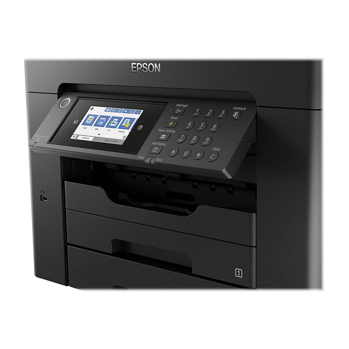 Schwarzer Epson-Multifunktionsdrucker mit Touchscreen und Tastenfeld.