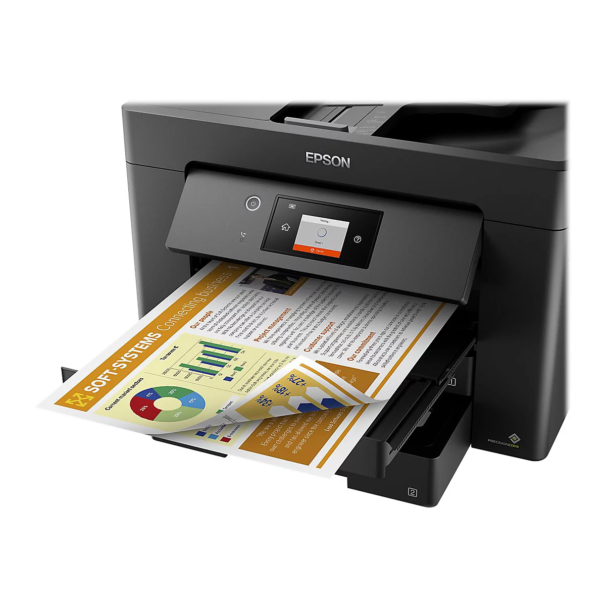 Schwarzer Epson Drucker druckt ein farbiges Dokument. Auf dem Display ist eine BenutzeroberflÃ¤che zu sehen.
