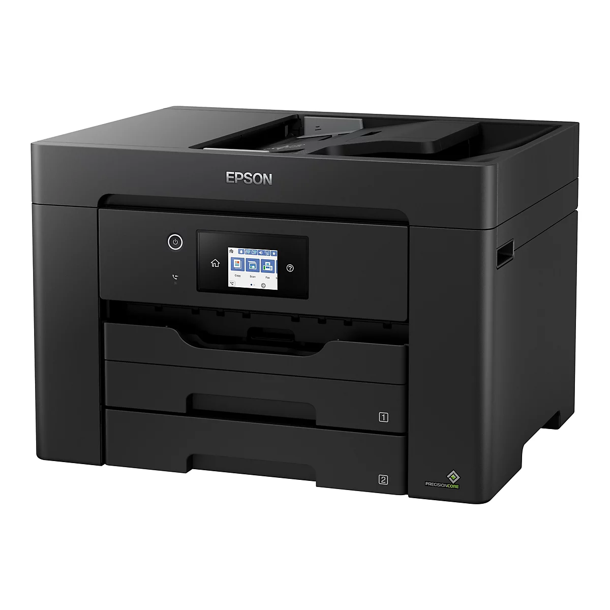 Schwarzer Drucker mit Farbdisplay und zwei Papierschubladen.