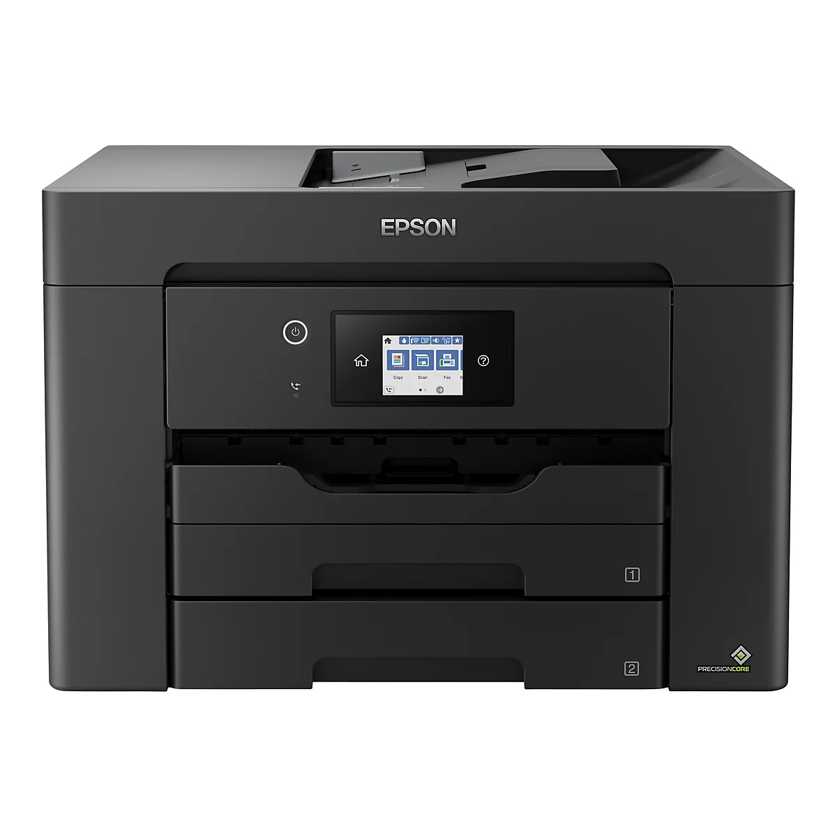 Schwarzer Drucker mit Epson-Logo und kleinem Touchscreen. Mehrere PapierfÃ¤cher unten.