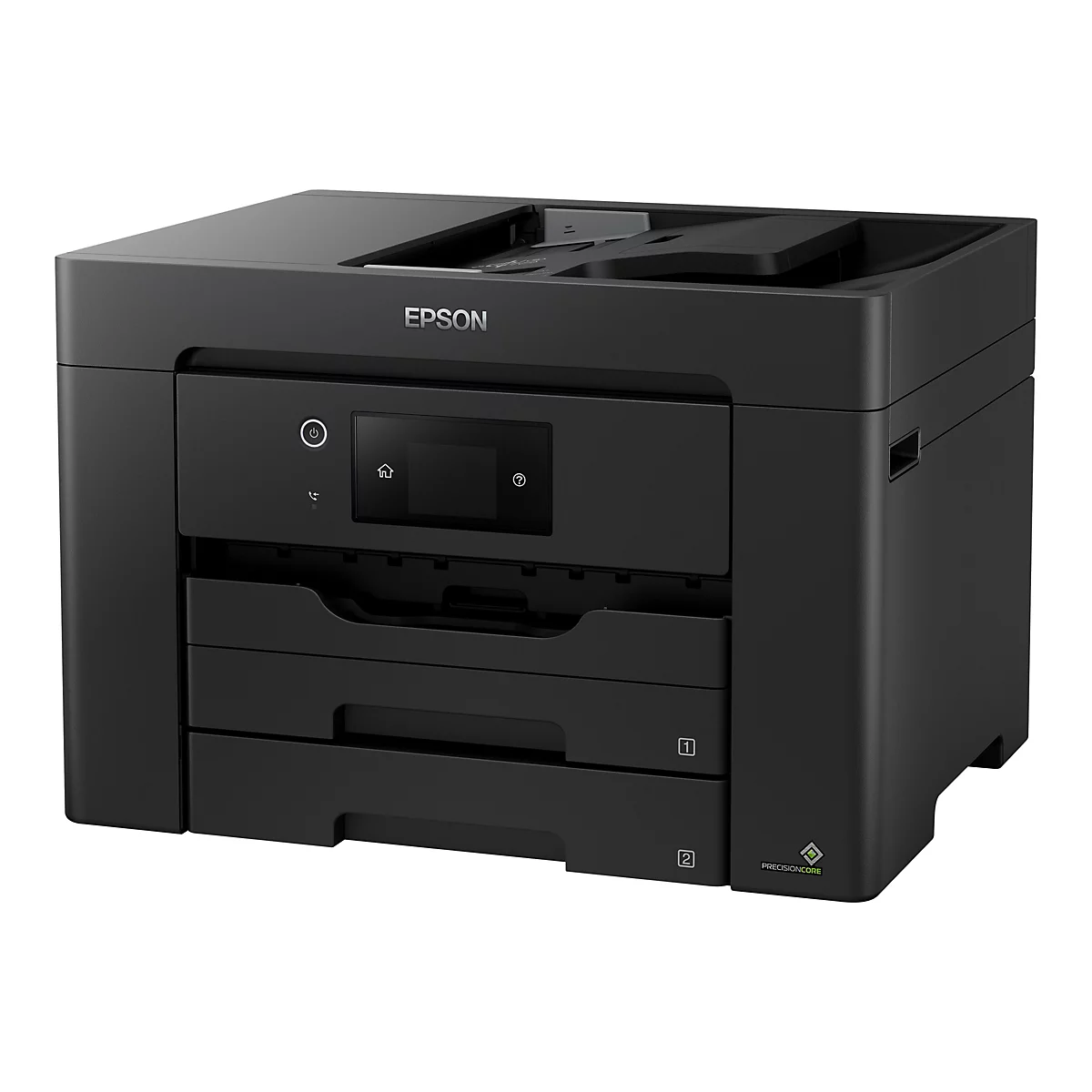 Schwarzer Epson-Multifunktionsdrucker, Frontansicht, mit Schubladen, Touchscreen und dem Epson-Logo.