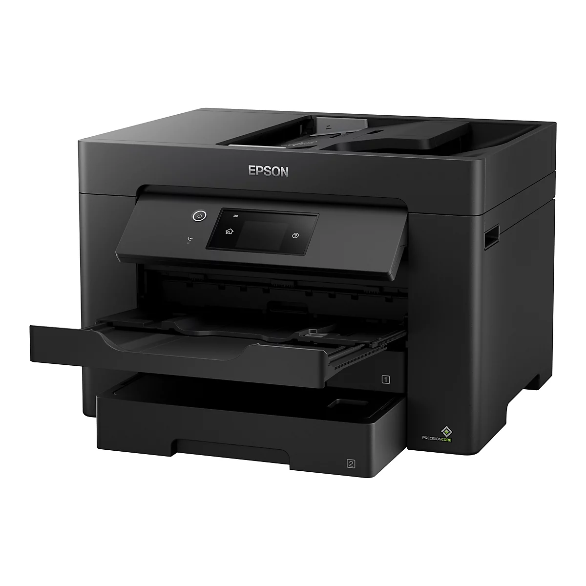 Schwarzer Epson-Multifunktionsdrucker mit geÃ¶ffneten PapierfÃ¤chern und Bedienfeld. Der Schriftzug EPSON ist deutlich sichtbar.