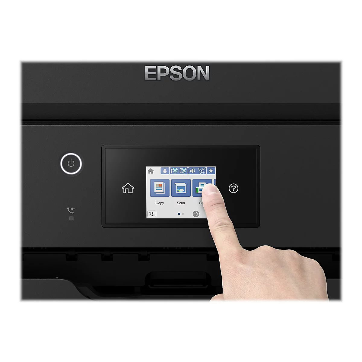 Eine Hand berÃ¼hrt den Touchscreen eines Epson-Druckers, das Scan-Symbol ist markiert.