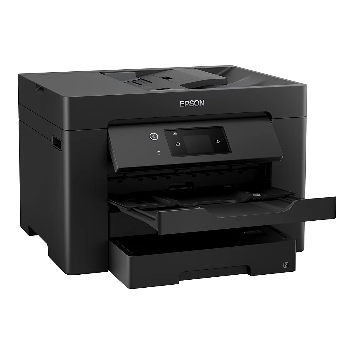 Schwarzer Drucker der Marke Epson mit ausgezogenem Papierfach.