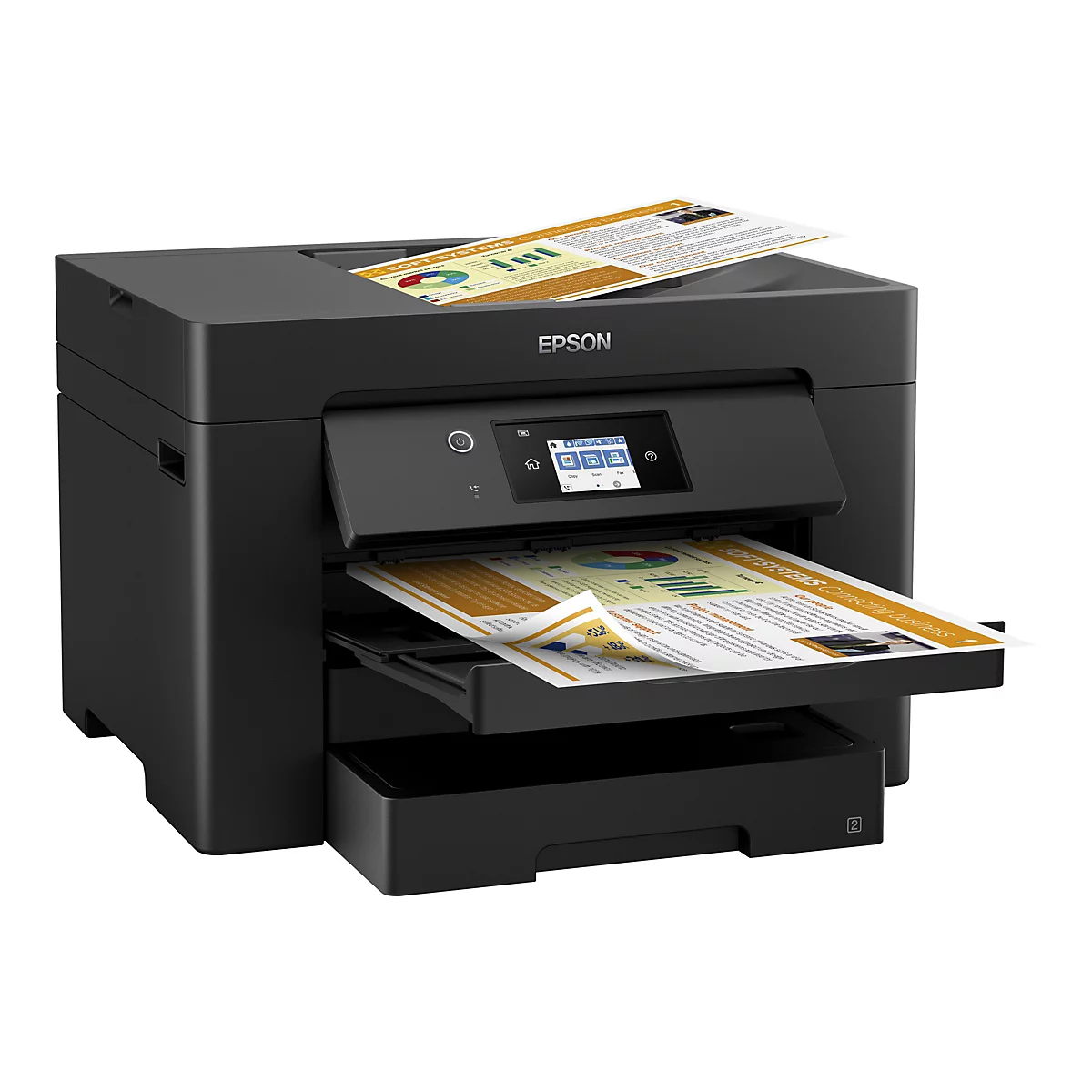 Schwarzer Drucker mit Papieren, ein Epson-GerÃ¤t, welches gerade druckt.