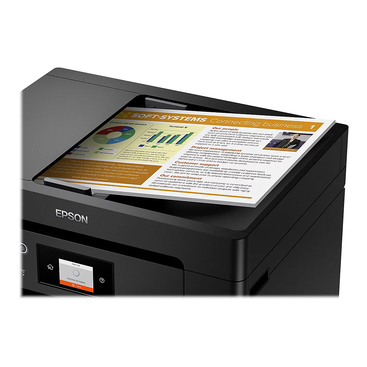 Schwarzer Epson Drucker mit offenem Deckel. Auf dem Papier sind Diagramme und Text zu sehen.