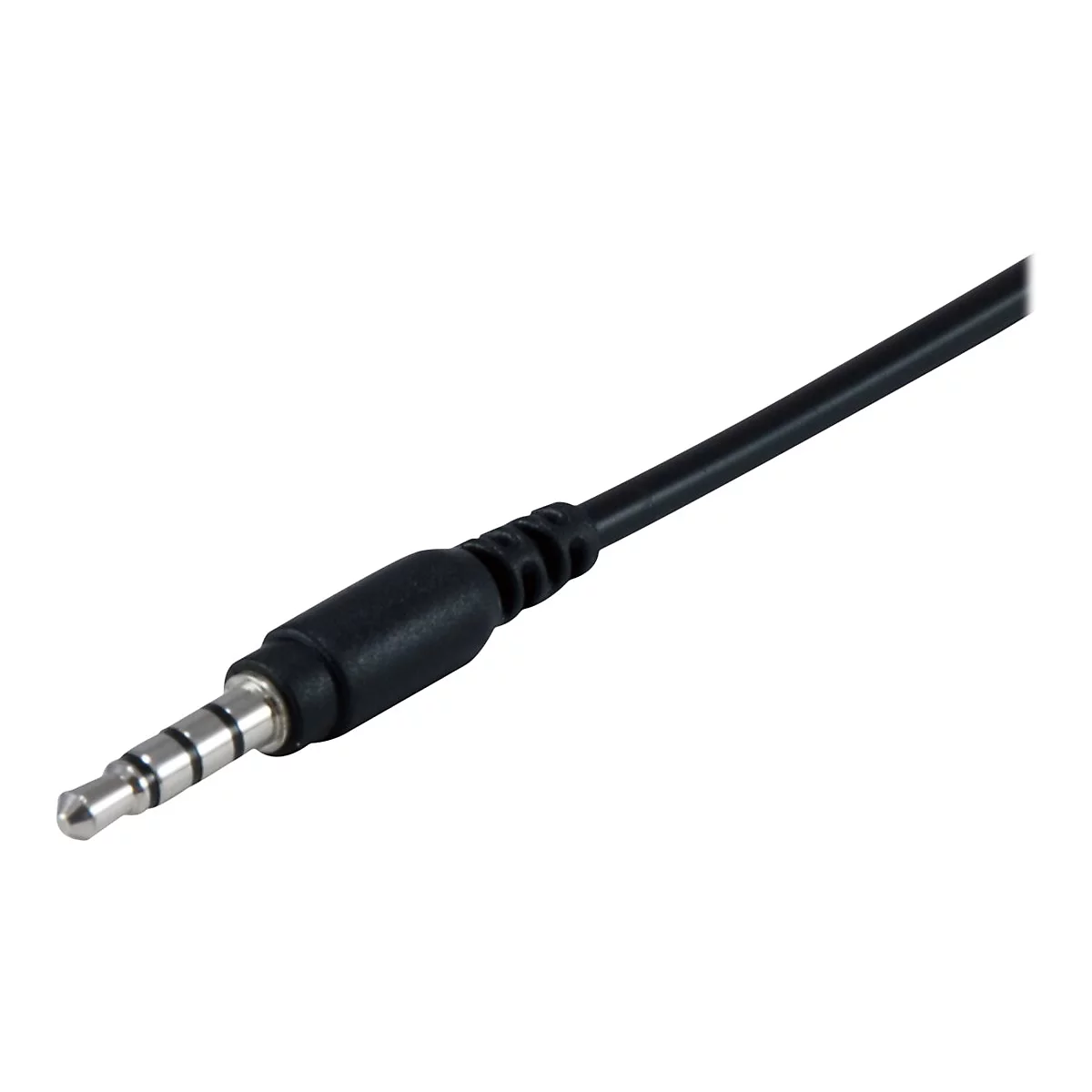 Ein schwarzer 3,5-mm-Klinkenstecker an einem Kabelende vor weißem Hintergrund.